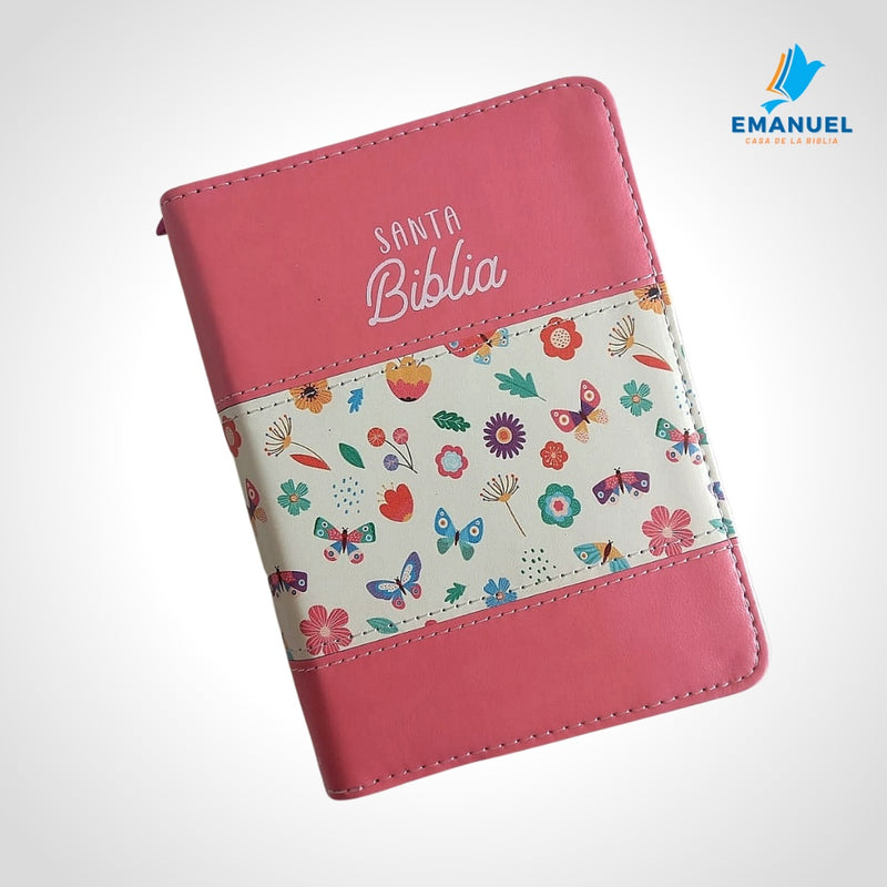 Biblia Tamaño Bolsillo RVR1960 Letra mediana con cierre / rosa mariposas